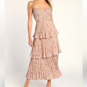 Lulus Pink Floral Bustier‎ Corset Pleated Tiered Chiffon Midi Dress XL *FLAWED